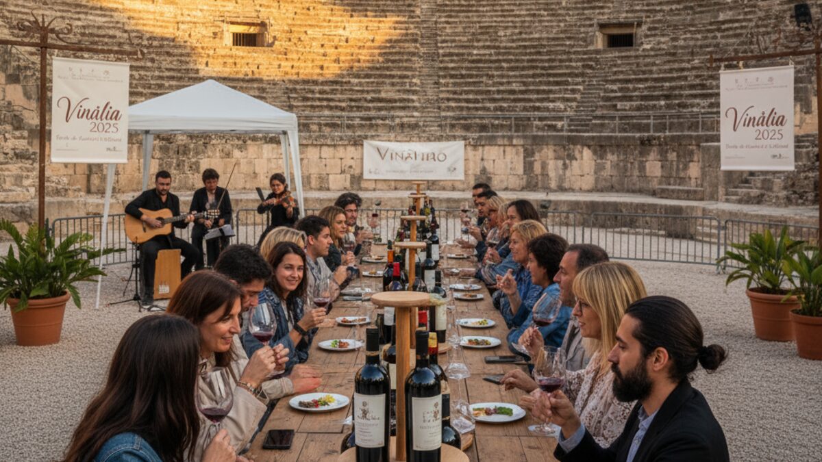 Besucher bei der Weinverkostung der Vinàlia 2025 Veranstaltung in Alcúdia vor dem römischen Theater von Pol·lèntia, mit lokalen Weinen und einer festlichen Atmosphäre.