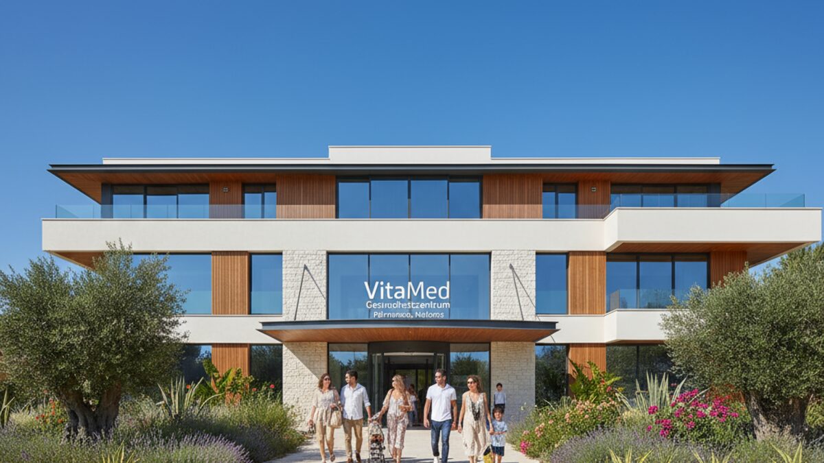 Modernes VitaMed Gesundheitszentrum in Palmanova auf Mallorca bei Sonnenschein mit Menschen vor dem Eingang