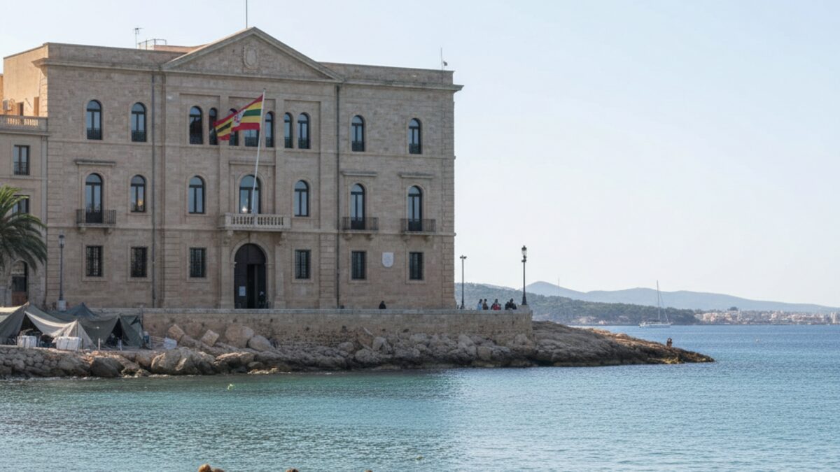 Regierungsgebäude auf den Balearen mit symbolischer Darstellung von Migranten und vorübergehenden Unterkünften bei Tageslicht