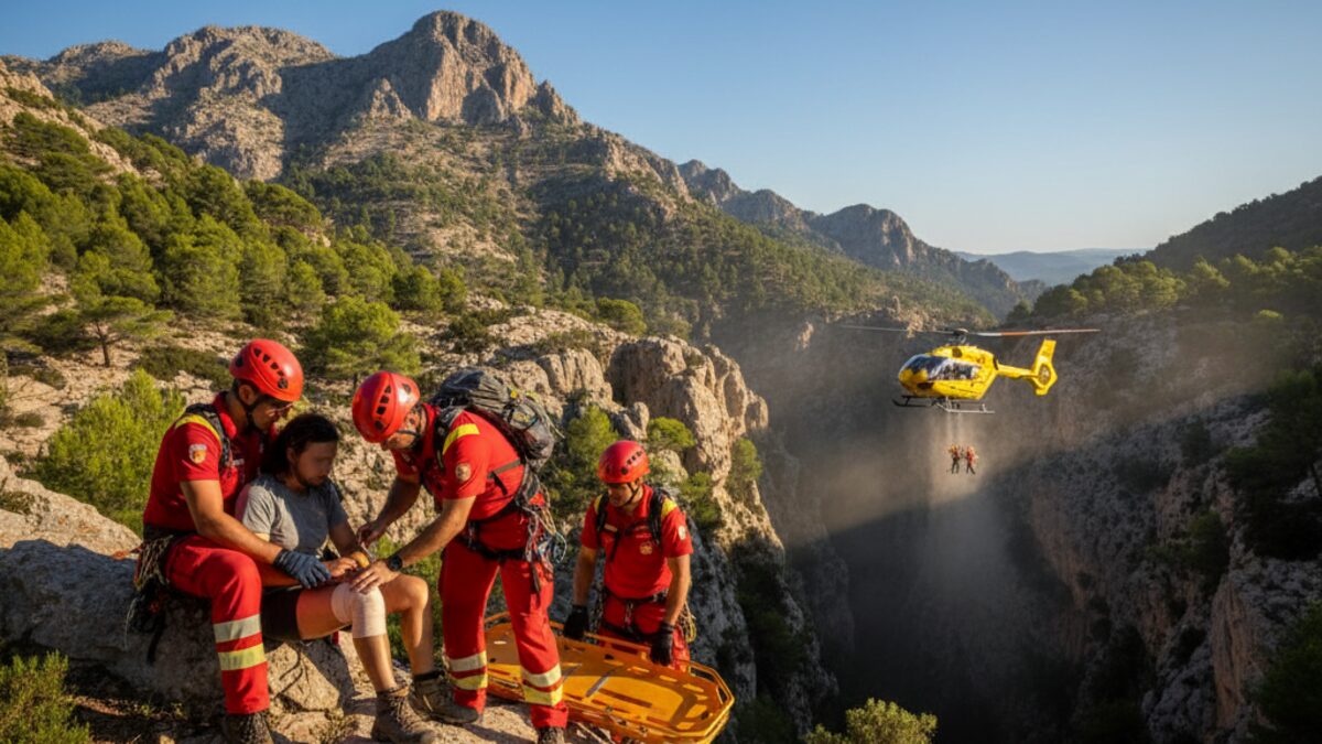 Feuerwehrteam rettet verletzten Wanderer auf Mallorca in landschaftlicher Bergkulisse mit Rettungshubschrauber im Hintergrund