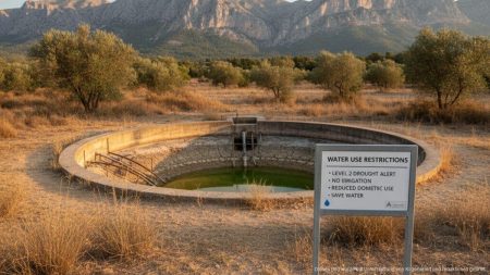 Wasserversorgung in Valldemossa unter Druck: Maßnahmen ergriffen Wasserreservoir mit niedrigem Wasserstand in Valldemossa mit einem Informationsschild zu Wasserbeschränkungen in der mediterranen Landschaft der Serra de Tramuntana