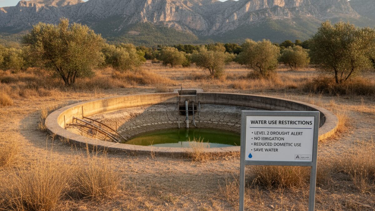 Wasserreservoir mit niedrigem Wasserstand in Valldemossa mit einem Informationsschild zu Wasserbeschränkungen in der mediterranen Landschaft der Serra de Tramuntana