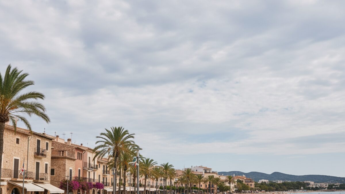 Bewölkter Himmel über Santa Ponsa auf Mallorca an einem warmen, trockenen Tag im Spätsommer mit mediterraner Küstenarchitektur und entspannten Spaziergängern