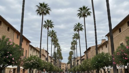 Wetter in Sóller: Angenehme Temperaturen am 19. September 2025 Ein ruhiger Straßenzug in Sóller unter bewölktem Himmel bei milden Temperaturen am 19. September 2025 mit Menschen in leichter Kleidung