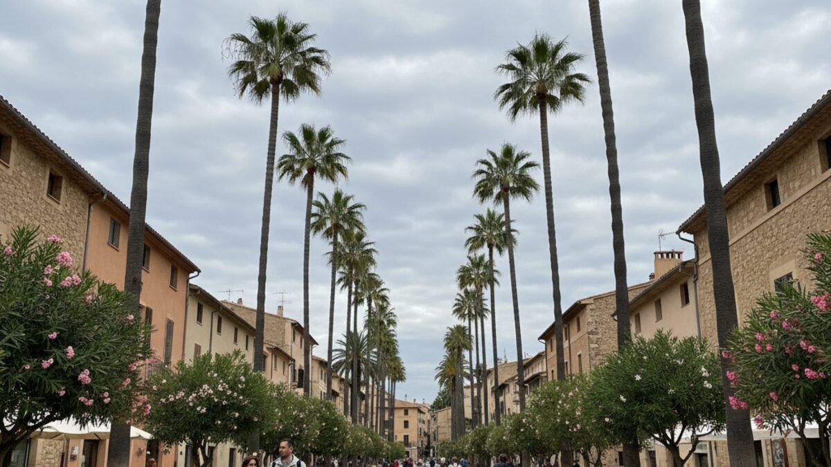 Ein ruhiger Straßenzug in Sóller unter bewölktem Himmel bei milden Temperaturen am 19. September 2025 mit Menschen in leichter Kleidung