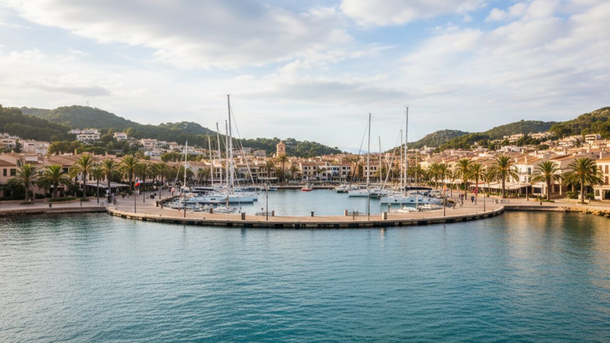 Marina von Port d'Andratx mit Segelbooten, ruhigem Wasser und mildem Wetter an einem klaren Tag
