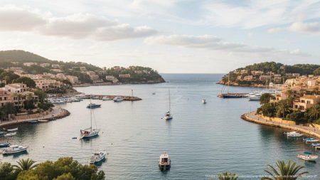 Wetterlage in Port d’Andratx: Milde Temperaturen und mäßige Bewölkung Milde Temperaturen und mäßige Bewölkung über dem ruhigen Hafen von Port d'Andratx an einem angenehmen Tag