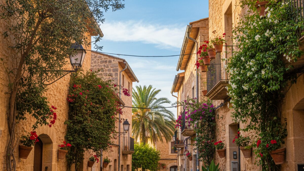 Sonnige mediterrane Straßenszene mit blühenden Pflanzen und milden Brisen in Santanyí auf Mallorca