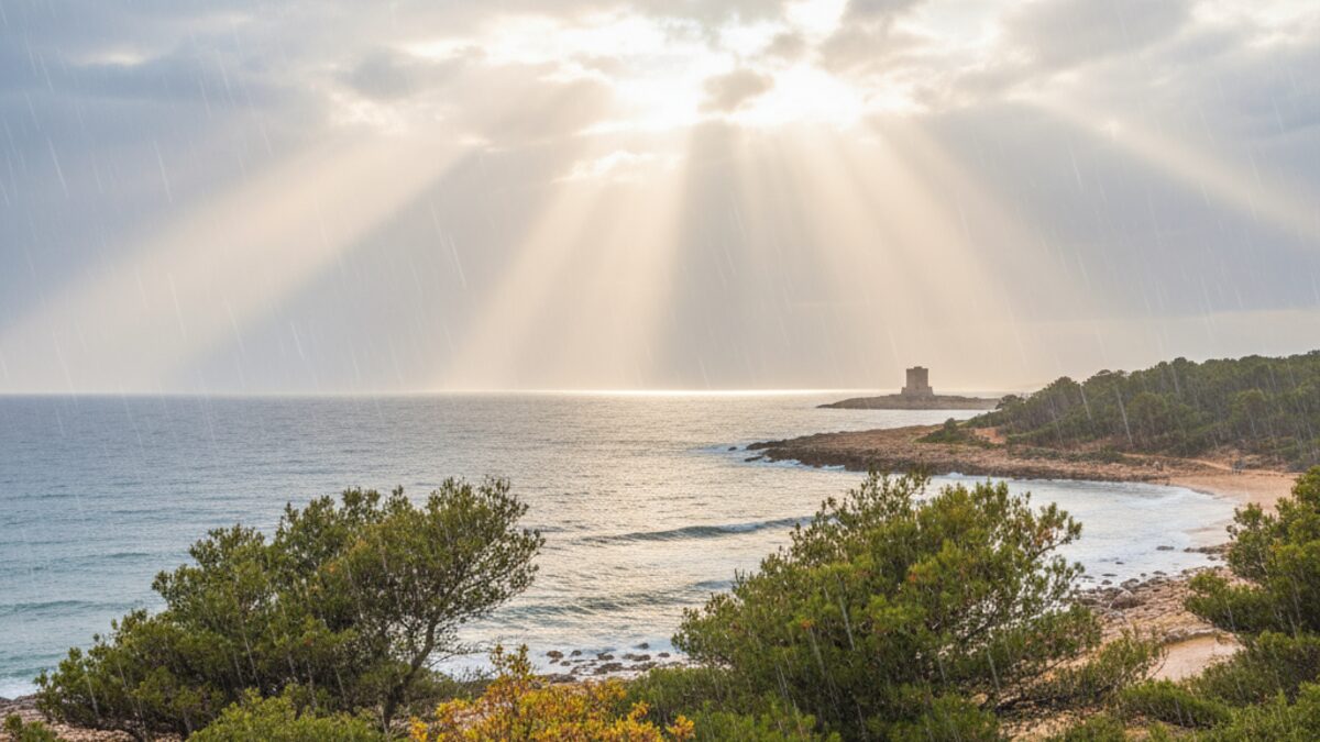 Herbstlicher Küstenblick auf Mallorca mit Wolken, Sonne und leichtem Regen bei Wetterumschwung