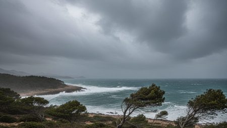 Wetterumschwung auf Mallorca: Herbst begrüßt die Insel mit Sturm und Regen Stürmischer Herbstmorgen auf Mallorca mit dunklen Wolken, rauer See und windgepeitschter mediterraner Vegetation