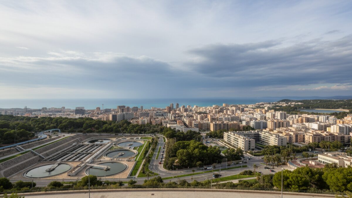 Blick auf die Stadt Palma de Mallorca mit bewölktem Himmel und Symbolen der Wasserversorgung unter stabilem Wetter