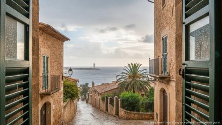 Wettervorhersage Alcúdia: Leichter Regen und milde Temperaturen Regenhafte Straßenszene in Alcúdia bei milden Temperaturen mit bewölktem Himmel und leichtem Wind