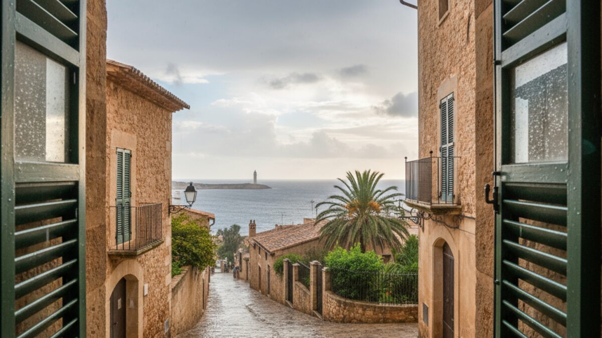 Regenhafte Straßenszene in Alcúdia bei milden Temperaturen mit bewölktem Himmel und leichtem Wind