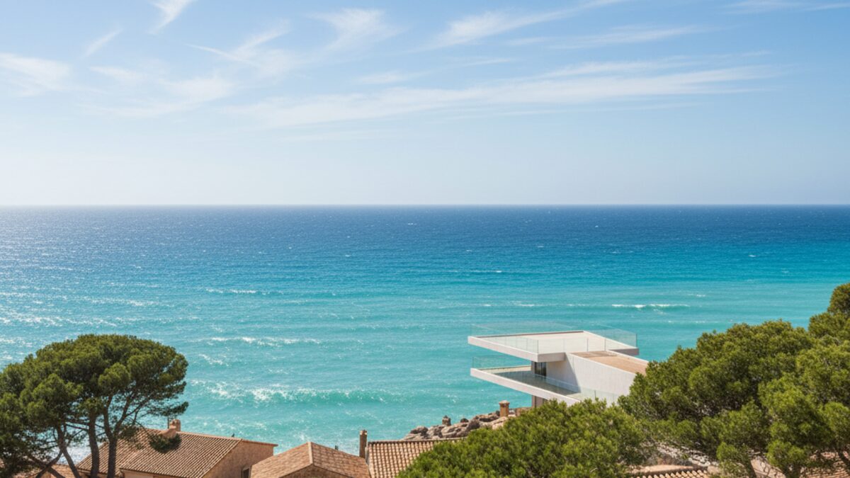 Sonniger Tag auf Mallorca mit klarem Himmel, mediterranen Bäumen und Blick auf das Meer bei milden Temperaturen