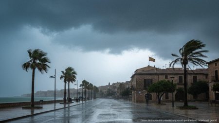 Wetterwarnungen für Mallorca im Zuge von Ex-Hurrikan Gabrielle Stürmisches Wetter auf Mallorca mit dunklen Regenwolken und starkem Regen durch ehemaligen Hurrikan Gabrielle