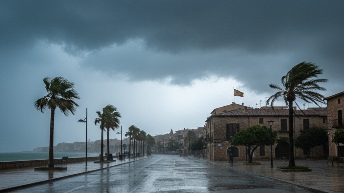 Stürmisches Wetter auf Mallorca mit dunklen Regenwolken und starkem Regen durch ehemaligen Hurrikan Gabrielle