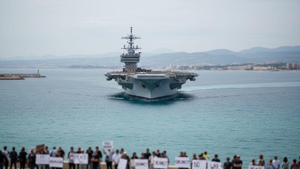 US-Flugzeugträger USS Gerald R. Ford vor der Küste von Mallorca mit demonstrierenden Menschen für Frieden und Diplomatie