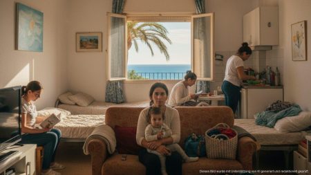 Wohnungsnot auf Mallorca zwingt Mutter in 12er-WG Eine Mutter mit ihrem kleinen Kind sitzt in einem überfüllten Gemeinschaftswohnzimmer auf Mallorca, was die angespannte Wohnsituation und Wohnungsnot auf der Insel zeigt.