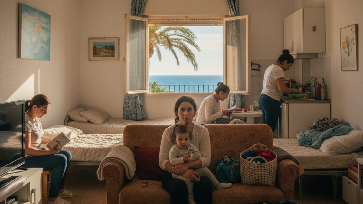 Eine Mutter mit ihrem kleinen Kind sitzt in einem überfüllten Gemeinschaftswohnzimmer auf Mallorca, was die angespannte Wohnsituation und Wohnungsnot auf der Insel zeigt.