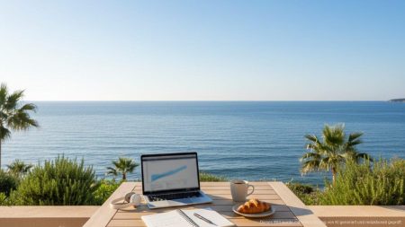 Workation auf Mallorca: Ein neuer Trend für flexible Arbeit Moderner Arbeitsplatz mit Laptop und Kaffee an einem sonnigen Tisch mit Meerblick auf Mallorca, der Workation-Trend für flexible Arbeit zeigt.