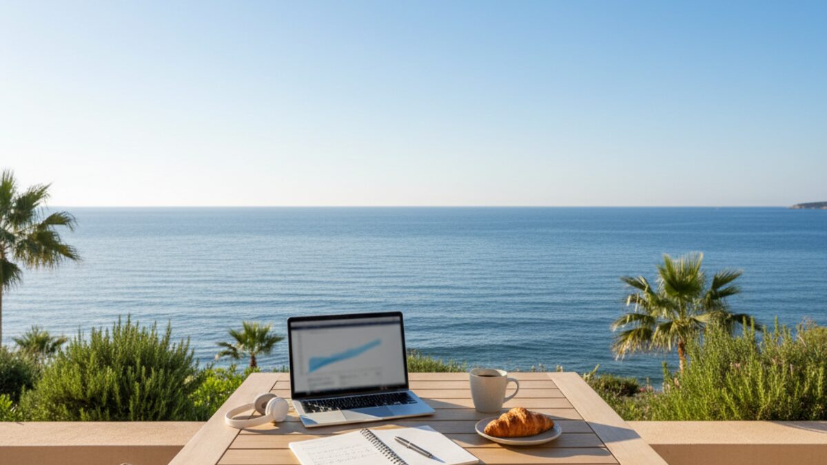 Moderner Arbeitsplatz mit Laptop und Kaffee an einem sonnigen Tisch mit Meerblick auf Mallorca, der Workation-Trend für flexible Arbeit zeigt.