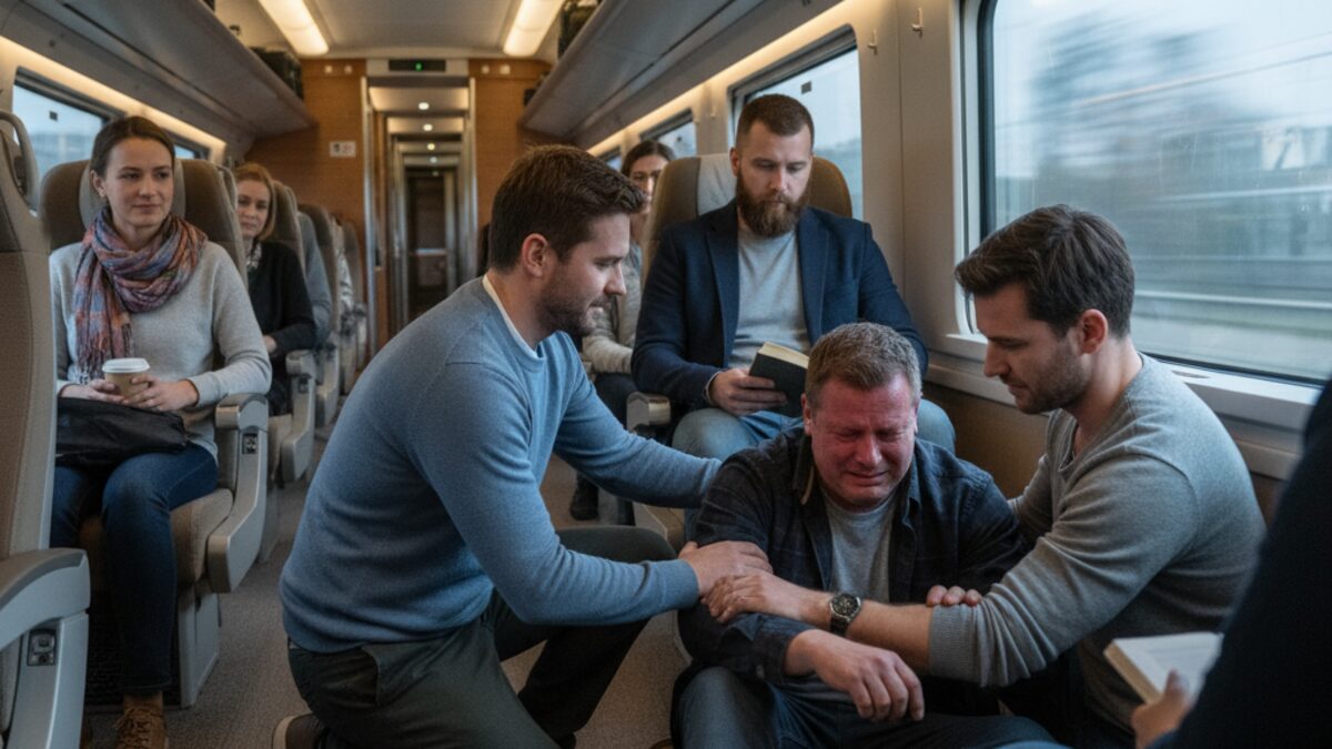 Zwei Männer in einem modernen Zug deeskalieren eine gefährliche Situation, indem sie einen Mann am Boden sanft festhalten, während andere Passagiere ruhig zuschauen.