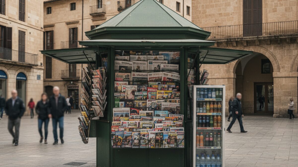 Ein Zeitungskiosk in Palma mit Zeitungen und Getränken in einem städtischen Umfeld, das wirtschaftliche Herausforderungen widerspiegelt