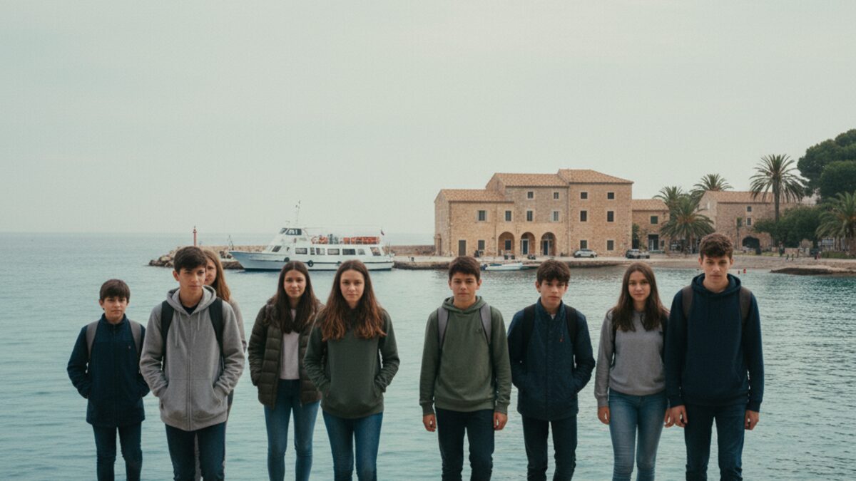 Gruppe unbegleiteter minderjähriger Flüchtlinge am Hafen von Mallorca vor einem Boot und mediterraner Kulisse