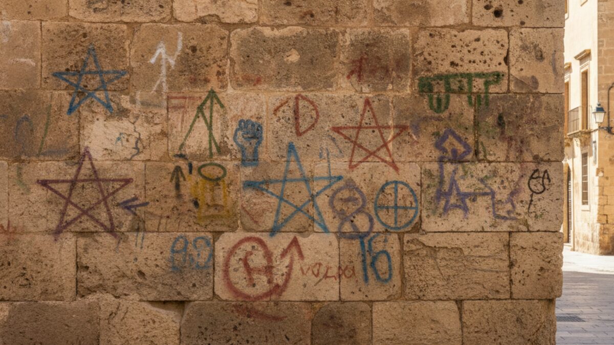Historische Kirchenwand im jüdischen Viertel von Palma mit antisemitischer Schmiererei und politischen Graffitis.