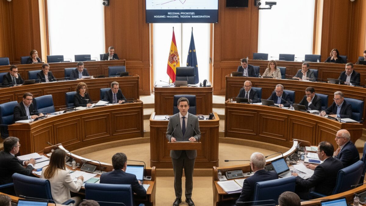 Balearisches Parlament in moderner Sitzung mit Politiker am Rednerpult bei Debatte über Haushaltspläne und regionale Themen