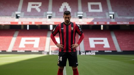 Antonio Raíllo in rotem RCD Mallorca Trikot auf dem Fußballfeld im Stadion San Mamés zur Feier seines 300. Spiels