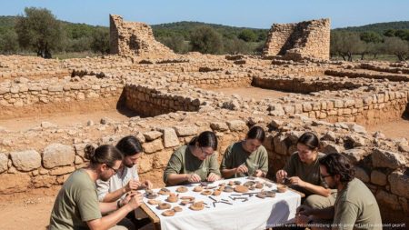 Archäologen bei Ausgrabungen im Archäologiepark Puig de Sa Morisca auf Mallorca mit antiken Ruinen und Artefakten in natürlichem Licht