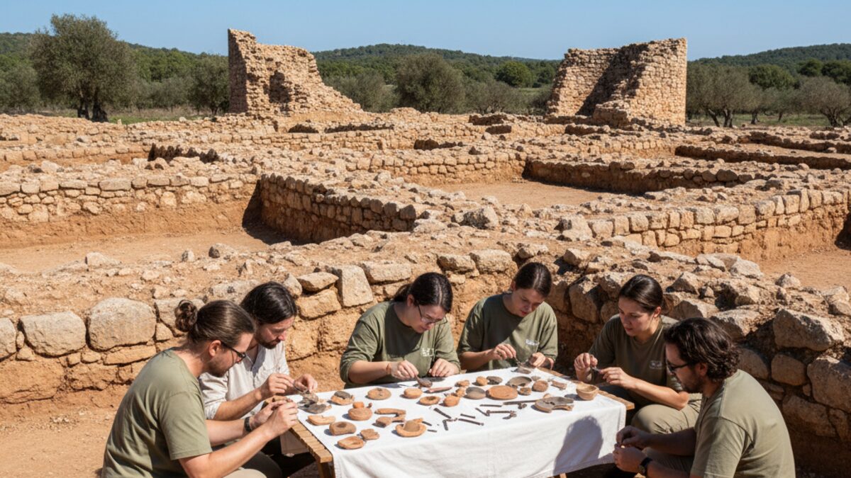 Archäologen bei Ausgrabungen im Archäologiepark Puig de Sa Morisca auf Mallorca mit antiken Ruinen und Artefakten in natürlichem Licht