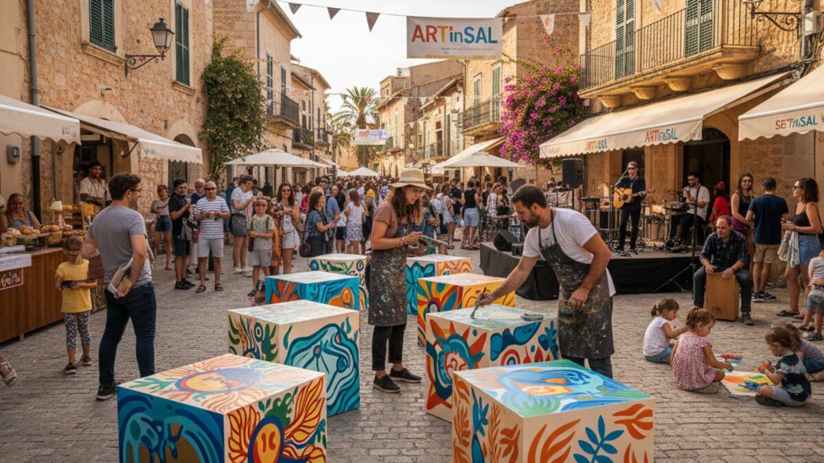 Lebendige Straßenszene des ArtinSal Festivals in Ses Salines auf Mallorca mit Künstlern, die farbenfrohe Kunstwerke auf großen Kuben schaffen, umgeben von besuchenden Familien und einem lebhaften kulturellen Ambiente.