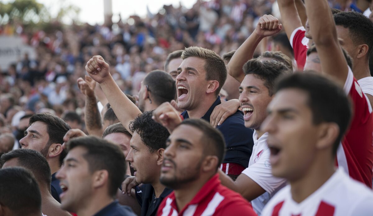 Fußballspieler von Atlético Baleares feiern einen Torerfolg im Stadion
