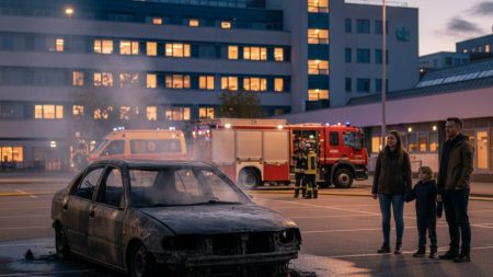 Auto mit Familie brannte auf Parkplatz in Palma aus Auto auf einem Krankenhausparkplatz in Palma mit leichtem Rauch nach einem Feuer, eine Familie steht sicher in der Nähe, Einsatzfahrzeuge im Hintergrund