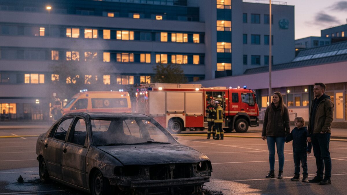 Auto auf einem Krankenhausparkplatz in Palma mit leichtem Rauch nach einem Feuer, eine Familie steht sicher in der Nähe, Einsatzfahrzeuge im Hintergrund