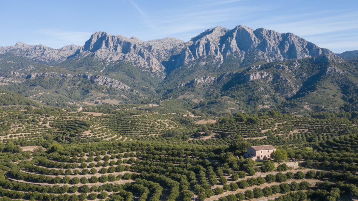 Avocado-Plantage im Tramuntana-Gebirge auf Mallorca mit grünen Feldern und blauen Himmel.