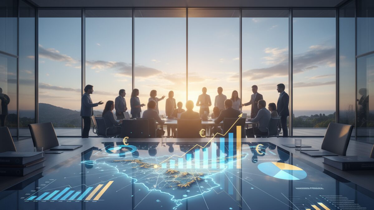 Regierungsgebäude der Balearen mit Symbolen für Budgeterhöhung und öffentlicher Investition 2026, inklusive digitaler Karte der Balearen
