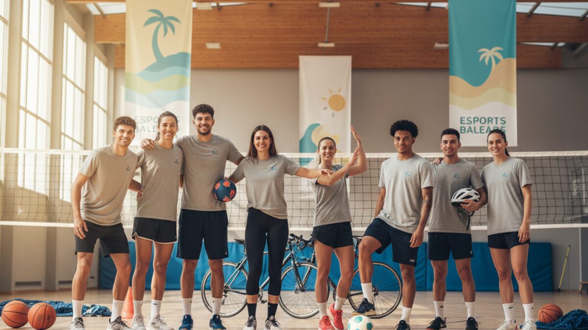 Verschiedene Sportler in einem modernen Trainingszentrum auf den Balearen, die Teamgeist und Engagement repräsentieren.