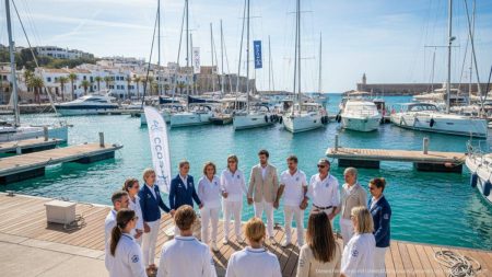 Menschen verschiedener Herkunft treffen sich an einem sonnigen Hafen auf den Balearen, um eine Reform der Hafen-Gesetzgebung zu besprechen, mit Segelbooten und klar blauem Meer im Hintergrund.