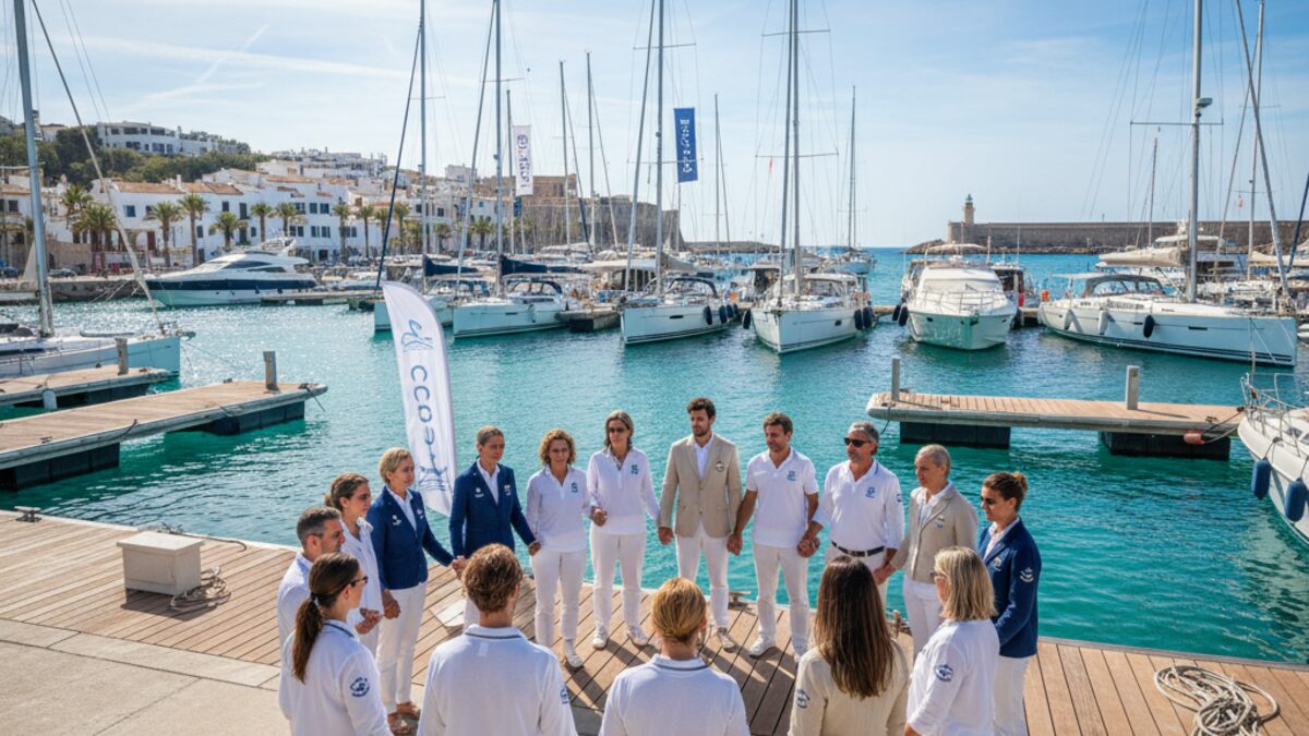 Menschen verschiedener Herkunft treffen sich an einem sonnigen Hafen auf den Balearen, um eine Reform der Hafen-Gesetzgebung zu besprechen, mit Segelbooten und klar blauem Meer im Hintergrund.