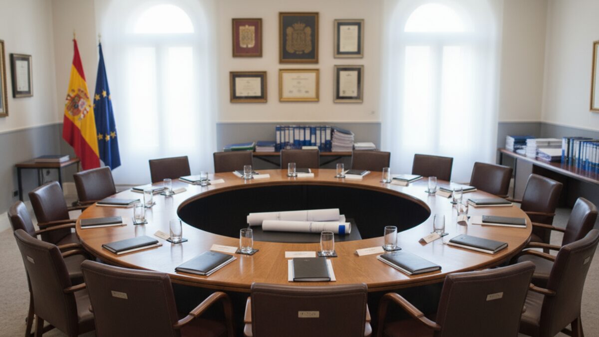 Leerer Sitzungssaal mit rundem Tisch symbolisiert Diskussion über Wohnungsplan zwischen Balearen und spanischer Regierung