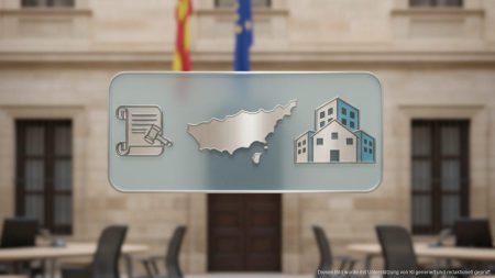 Symbolische Darstellung der Migration und sozialen Wohnungsregelungen auf den Balearen in einem modernen Regierungsbüro