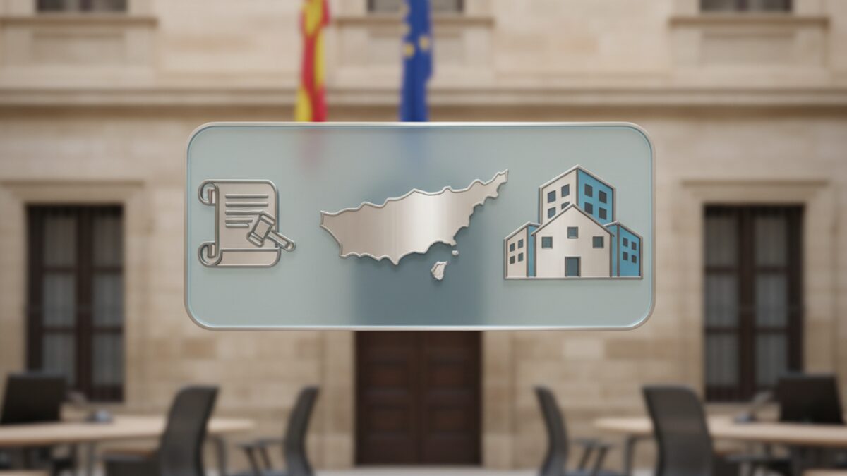 Symbolische Darstellung der Migration und sozialen Wohnungsregelungen auf den Balearen in einem modernen Regierungsbüro