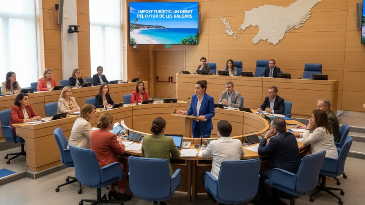 Politische Debatte im Parlament der Balearen über die Erhöhung der Touristenabgabe mit einem Sprecher in der Bildmitte