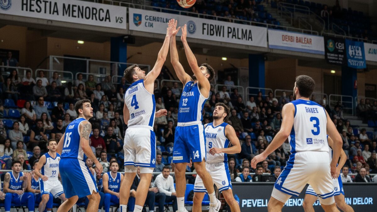 Intensives Basketballspiel zwischen Hestia Menorca und Fibwi Palma im Pavelló Menorca auf den Balearen