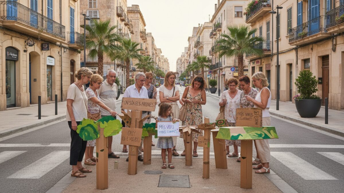 Leerer Straßenbereich in Pere Garau mit Pappskulpturen anstelle gefällter Bäume und Bewohnern, die gegen Baumverlust protestieren