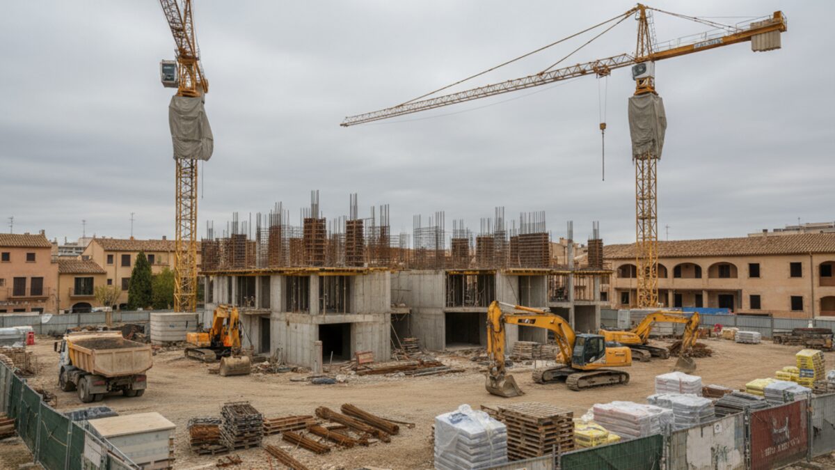 Stillgelegte Baustelle in Palma de Mallorca mit unvollendeten Gebäuden und ruhendem Baugerät, dargestellt die Verzögerung von Bauprojekten unter der Regierung Sánchez