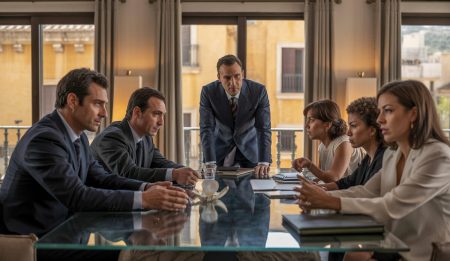 Wohnungsbetrug auf Mallorca: Millionenschaden Mann diskutiert angespannt mit anderen über Immobilien in Mallorca.